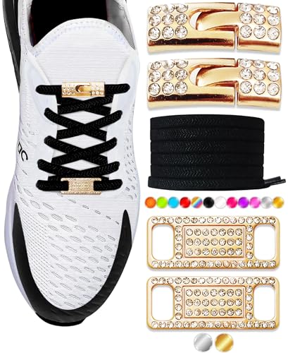 Elastic No Tie Shoe Laces with Bling Diamond Locks & Charms for Women's Sneakers - color: 02 Black- Gold