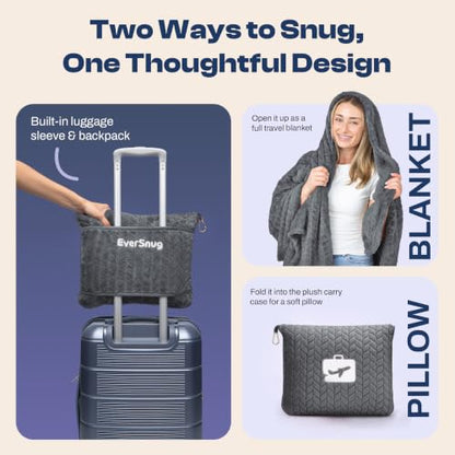 EverSnug Travel Blanket & Pillow 68x42 - Premium Ultra-Soft Microfleece 2 in 1 Compact & Packable Flight Blanket with Soft Bag Pillowcase, Hand Luggage Sleeve and Backpack Clip (Grey) - color: Grey