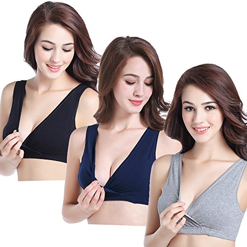 CAKYE 3 Pack Maternity Nursing Sleep Bra Breastfeeding Cotton Bralette - color: Black/Grey/Navy, size: Large