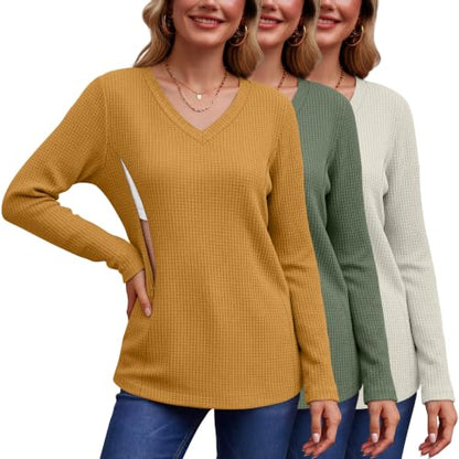 Huukeay 3 Pack Women's Long Sleeve Nursing Breastfeeding Shirts - color: Ginger Yellow, Light Green, Cream, size: Medium