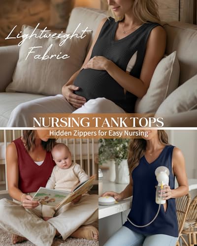 3 Pack Women's Waffle Nursing Tank Tops - color: Black, Navy Blue, Wine Red, size: Large