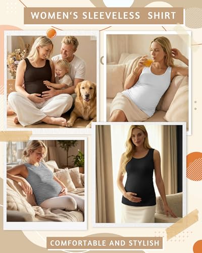 Ficerd 4 Pack Women's Maternity Tank Cotton Tops - color: Black, Light Heather Gray, White, Coffee, size: Small