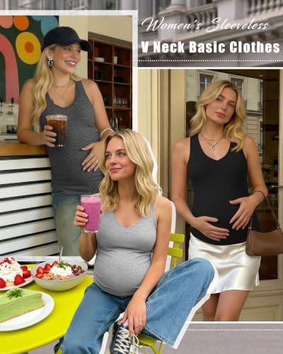 3 Pack Maternity Tank Tops Ribbed V Neck - color: Light Gray, Dark Gray, Black, size: Small