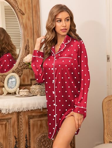 SWOMOG Women's Satin Sleep Shirt Long Sleeve Sleepwear Silk Nightshirt Button Down Pajama Top - color: Red Dot, size: Medium