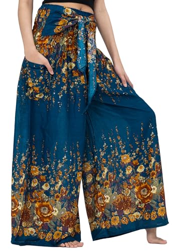 B BANGKOK PANTS Women's Boho Palazzo Pants - color: Green Flowers, size: One Size