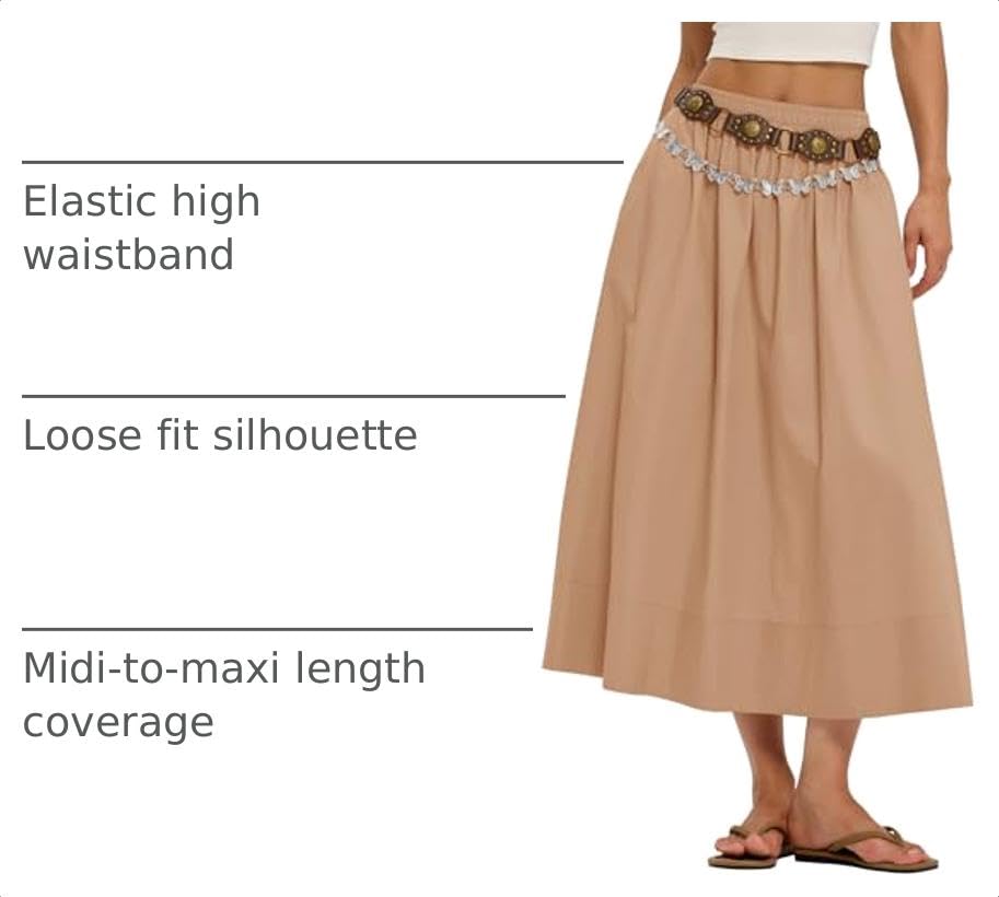 LOMON Midi Skirts for Women with Pockets A-Line Cotton Flowy Elastic Waist - color: Camel, size: X-Large