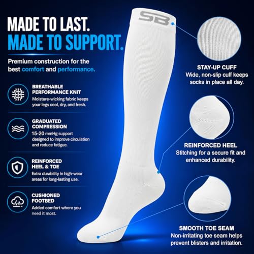 SB SOX 3-Pair Compression Socks (15-20mmHg) - color: 04 – Solid White, size: L/XL