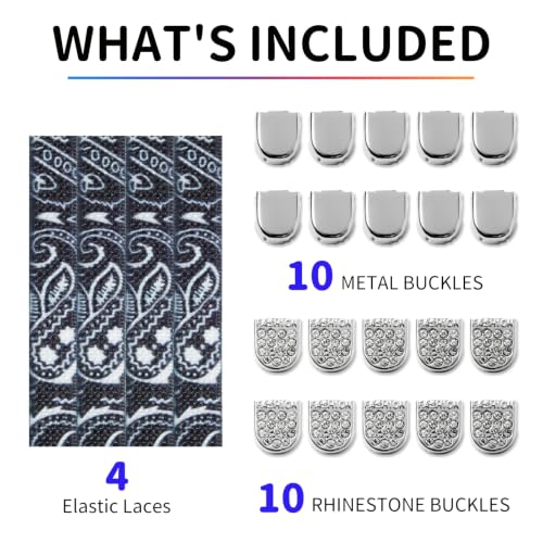 Stepace 2 Pairs Rainbow Elastic No Tie Shoe Laces for Sneaker Paisley Print - color: Black Paisley