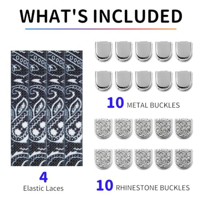 Stepace 2 Pairs Rainbow Elastic No Tie Shoe Laces for Sneaker Paisley Print - color: Black Paisley