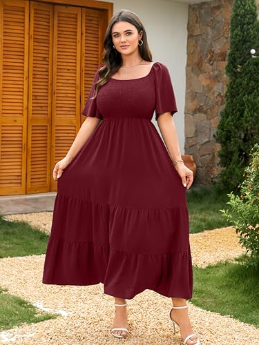RWJ Women's Plus Size Summer Dresses Short Sleeve Smocked Boho Maxi Dress - color: Burgundy, size: Large Plus