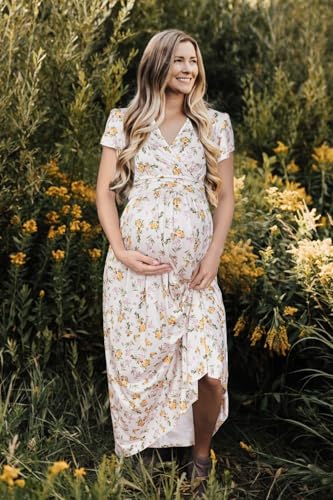 OUGES Women's Wrap V Neck Summer Maternity Photoshoot Dress with Pockets - color: Light Apricot Yellow Floral, size: X-Large
