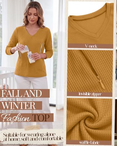 Huukeay 3 Pack Women's Long Sleeve Nursing Breastfeeding Shirts - color: Ginger Yellow, Light Green, Cream, size: Medium