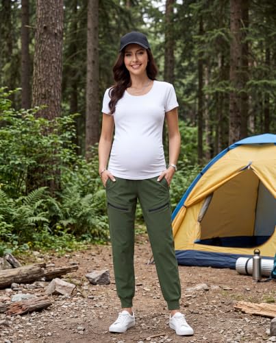 Foucome Women's Maternity Cargo Joggers with 4 Zipper Pockets - color: Army Green, size: Small