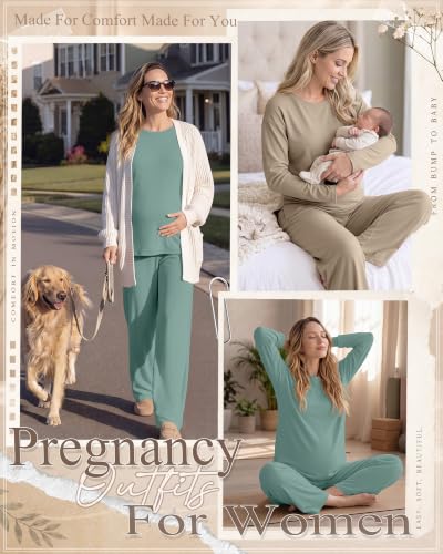 Huukeay 2 Pack Maternity Long Sleeve Pajamas Sets - color: Gray Green, Khaki, size: Small