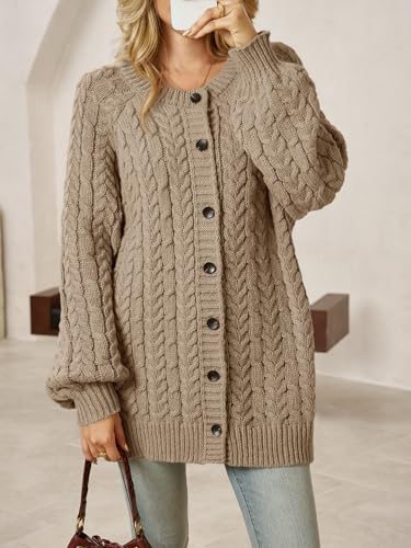 Saodimallsu Womens Cable Knit Cardigans Oversized Chunky Fall Sweater Dress - color: Khaki, size: Medium