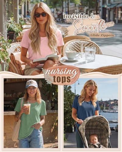 3 Pack Nursing Tops for Women - color: Blue, Light Pink, Light Green, size: Medium