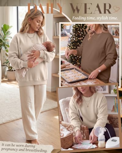 Locoowai 2 Pack Women's Oversize Nursing Sweatshirts - color: Apricot, Brown, size: X-Large