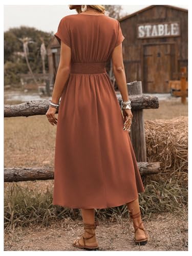 Floerns Women's Wrap V Neck Flowy Midi Dresses Short Sleeve A Line Ruched Beach Dress - color: Rust Brown, size: Large