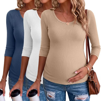 Neer 3 Pack Women's 3/4 Sleeve Crew Neck Maternity Tops - color: Haze Blue, White, Khaki, size: Large