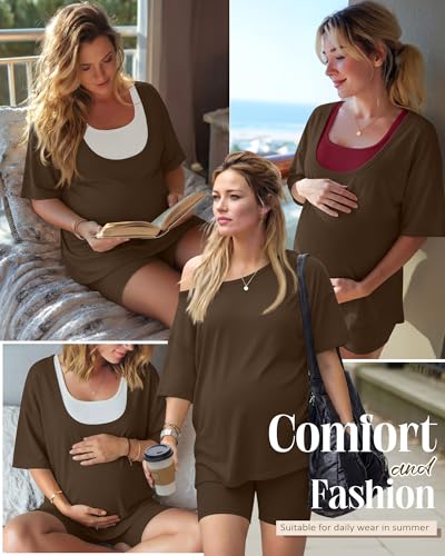 2 Piece Women Maternity Set Pregnancy Outfit - color: Brown, size: Small