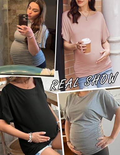 Ekouaer Maternity Shirts 3 Packs Dolman Sleeve Side Ruched Tops Clothes - color: Black/Navy Blue/Dark Gray, size: Medium