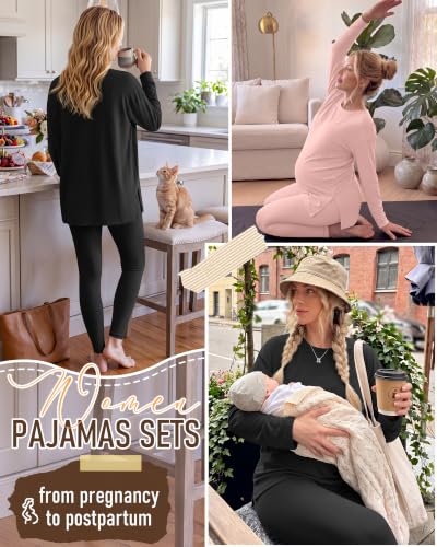Neer 2 Pack Maternity Pajama Sets 2 Piece Outfits - color: Flesh Pink, Black, size: Medium
