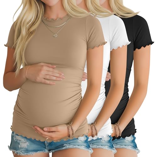 Xaatren 3 Pack Women's Maternity Short Sleeve Shirts - color: Khaki, White, Black, size: Medium