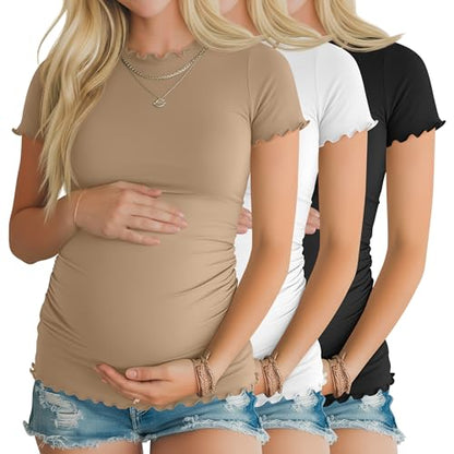 Xaatren 3 Pack Women's Maternity Short Sleeve Shirts - color: Khaki, White, Black, size: Medium