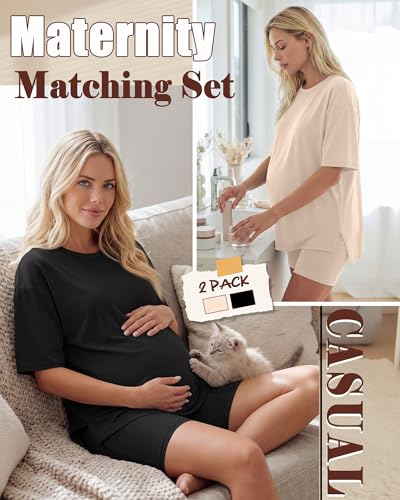 Huukeay 2 Pack Women Maternity Set Pregnancy Outfits - color: Apricot, Black, size: Medium