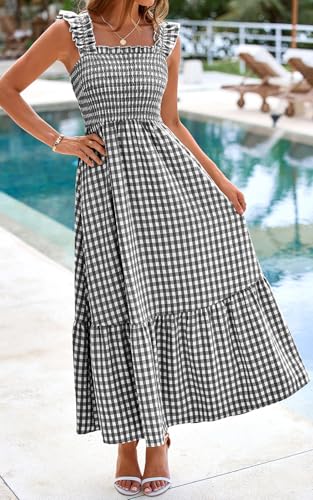 PRETTYGARDEN Women's Summer Dress Casual Ruffle Strap Gingham Midi Sundress - color: Black White, size: Small