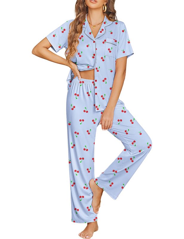 Ekouaer Womens Pajama Sets Button Down Lounge Sets 2 Piece Short Sleeve Pjs - color: Cherry, size: X-Large