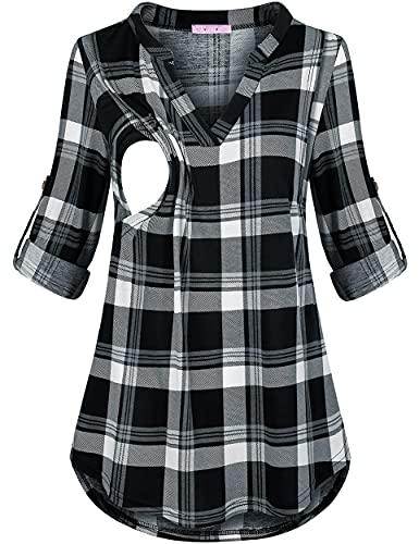 Joymom Maternity Rolled Long Sleeve Nursing Tops Tunic Blouses Breastfeeding - color: 1-4 Black White Plaid, size: Medium