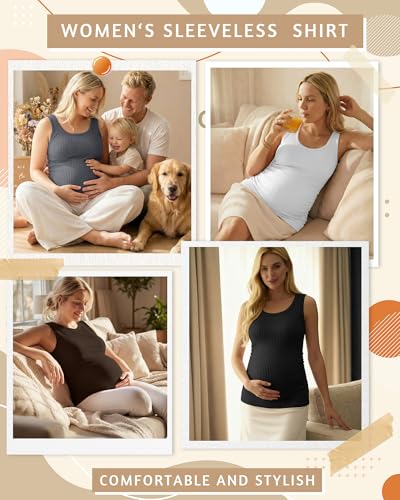 Ficerd 4 Pack Women's Maternity Tank Cotton Tops - color: Black, Coffee, White, Pure Dark Gray, size: Small