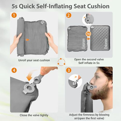 Inflatable Travel Seat Cushion – Self-Inflating Memory Foam Pad for Airplane, Stadium Bleachers, Camping, Hiking & Backpacking – Ultralight Compact & Portable Sitting Cushion (Grey) - color: Grey