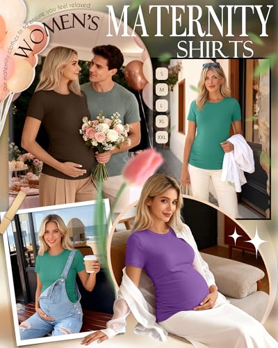 Ficerd 3 Pack Women's Short Sleeve Maternity Shirts - color: Purple, Coffee, Pink Green, size: Large