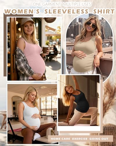 Ficerd 4 Pack Women's Maternity Tank Cotton Tops - color: Black, White, Khaki, Light Pink, size: Medium