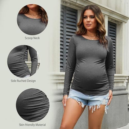 Maternity Shirt Long Sleeve Basic Top Ruch Sides Bodycon Tshirt for Pregnant Women - color: Black/Charcoal Gray, size: Large