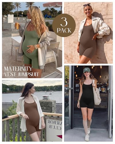 3 Pack Women's Maternity Jumpsuit Shorts - color: Army Green, Khaki, Black, size: Medium