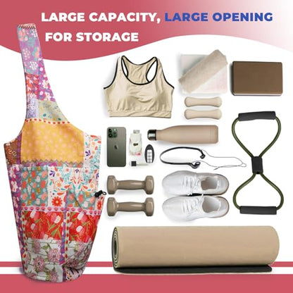 Yoga Mat Bag Carrier for Women Workout Large Waterproof with Zipper Pocket, Keychain and Wide Shoulder Straps - color: boho patchwork