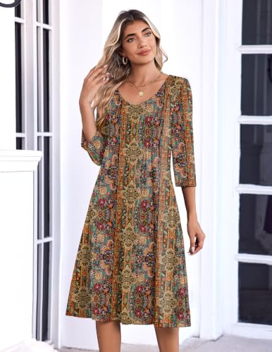 Zeagoo 3/4 Sleeve Women's Dress Pleated Midi Casual Dresses with Pockets - color: Ethnic Prints, size: Medium