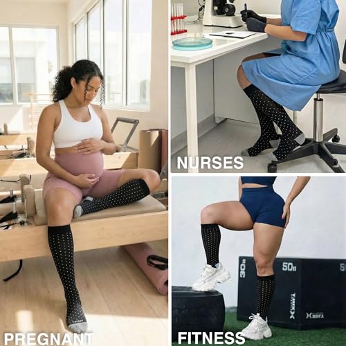 LEVSOX Bamboo Viscose Compression Socks Wide Calf 15-20 mmHg with Cushioned - color: Black Polka Dots, size: Medium