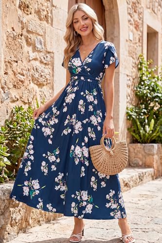 OUGES Women's Wrap V Neck Summer Maternity Photoshoot Dress with Pockets - color: Blue White Floral, size: Medium