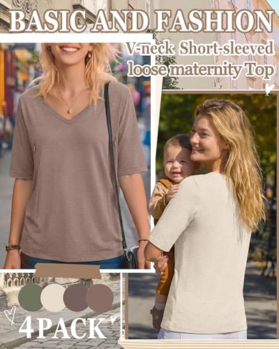 4 Pack Women Nursing Shirts Breastfeeding Tops - color: Light Camel, Coffee, Cream, Grey Green, size: Medium