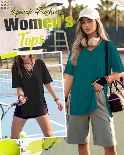 4 Pack Women's Oversized V Neck Shirts - color: Black, Gray, Wine Red, Dark Teal, size: Large