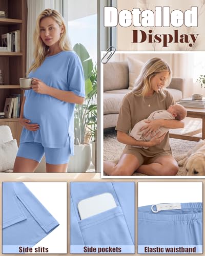 Huukeay 2 Pack Women Maternity Set Pregnancy Outfits - color: Sky Blue, Light Brown, size: Small