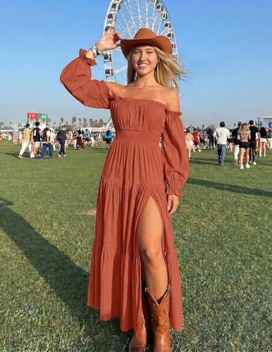 ZESICA Womens Fall Long Sleeve Boho Off Shoulder Maxi Dresses - color: Rust, size: Large