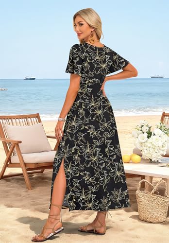 AUSELILY Maxi Dresses V Neck Flutter Sleeve Slit Summer Dress with Pockets - color: Black Gold Leaf, size: Medium