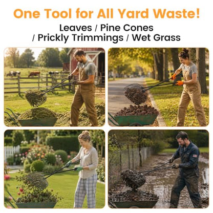 Leaf Grabber Rake with Long Handle, Heavy Duty Metal Leaf Picker Upper and Grass Collector, Upright Lawn Debris Pickup Tool with Upgraded Lock Nuts for Yard Cleanup, No Bending Over