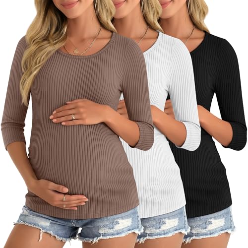 Neer 3 Pack Women's 3/4 Sleeve Crew Neck Maternity Tops - color: Coffee, White, Black, size: XX-Large