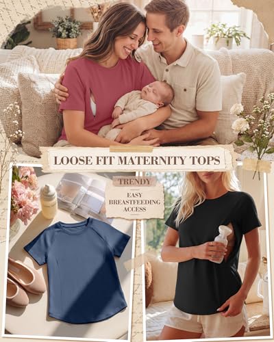 3 Pack Womens Nursing Tops - color: Haze Blue, Dark Pink, Black, size: Small